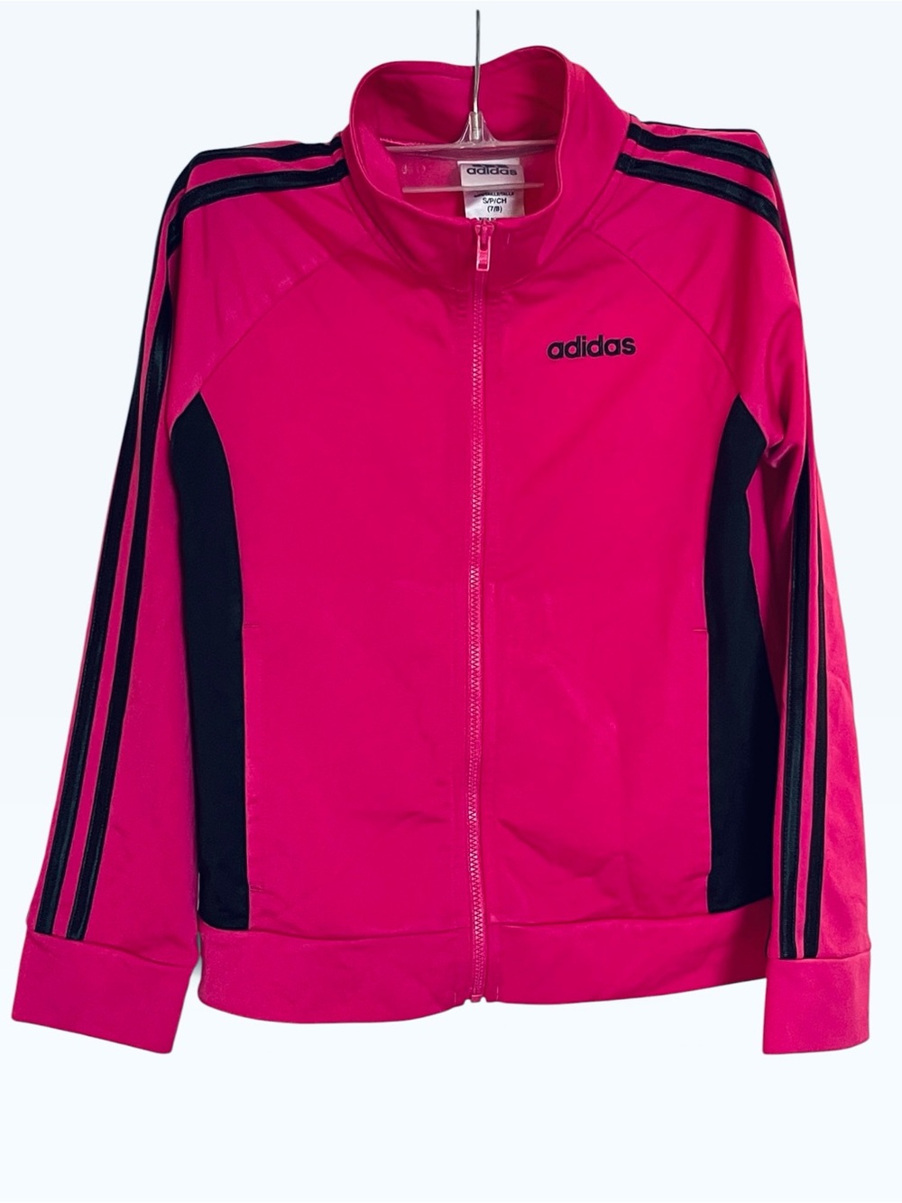 adidas Girls Magenta Pink Black 3-Stripe Full Zip Tricot Track Jacket Size S 7 8